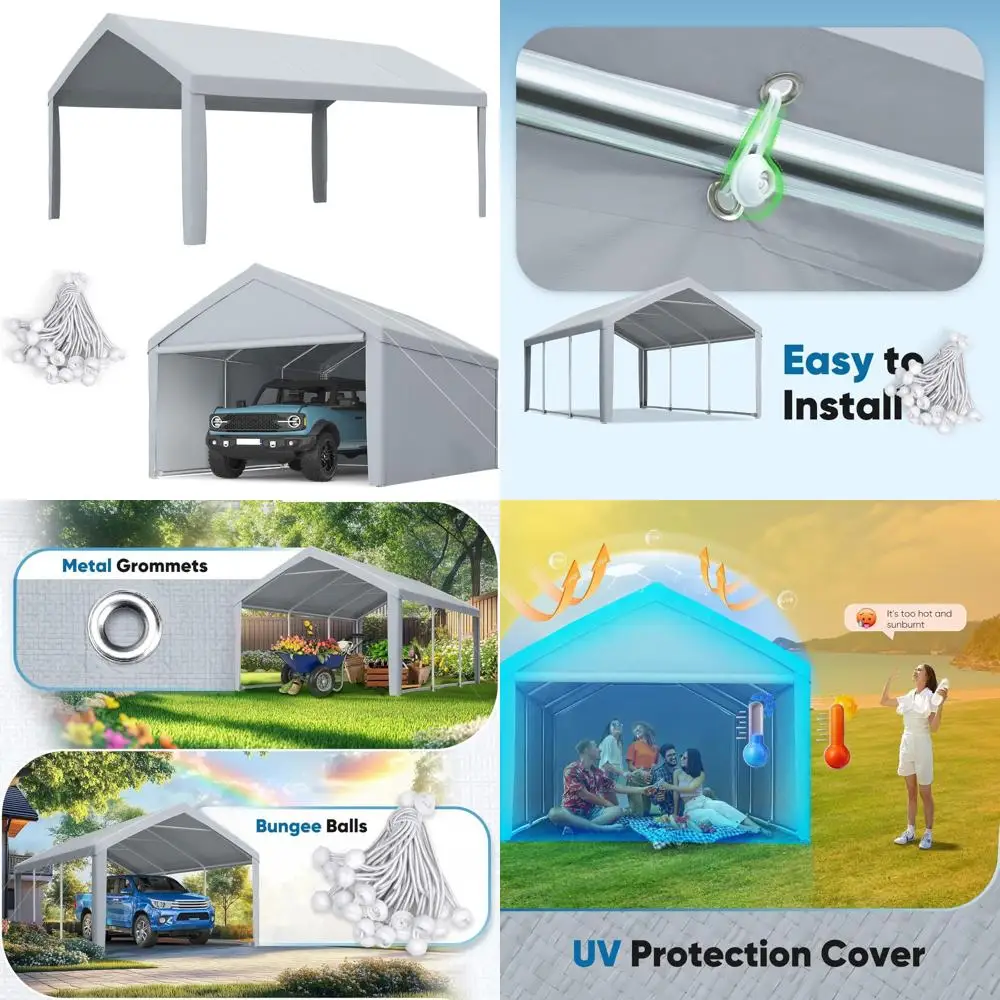 

Gray 10x20 ft Carport Canopy Replacement Top Cover Tarp with Leg Cloth and Ball Bungees, Outdoor Shelter Roof Only