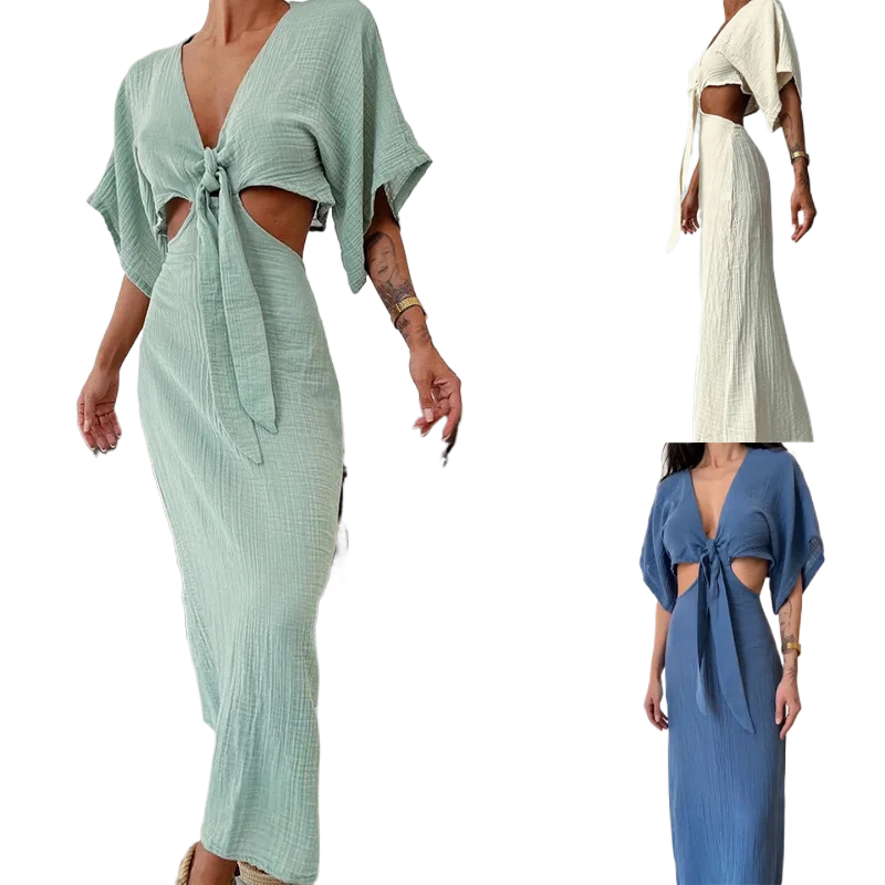 セクシーなスリムオープンウエストVネックドレス夏の新作カットアウトオープンバックロングドレス女性用