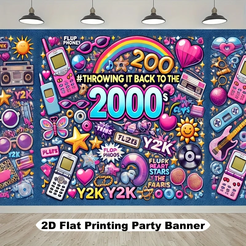 2D Flaches Banner - Retro 2000er Jahre Stil Partybanner, Geburtstag, Hochzeit, Jubiläumsdekoration für Männer- und Frauenpartys