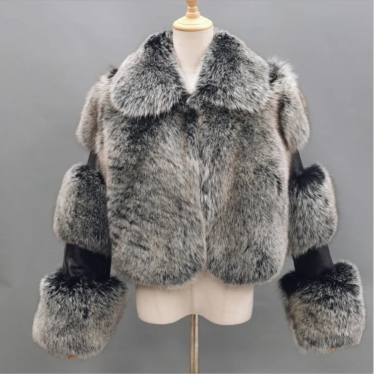 

Stylish Winter Women Artificial Fur Jacket Gradient Lapel Spliced Female Faxu Fur Coat Unique Thick Furry Fur Down Coat For Lady