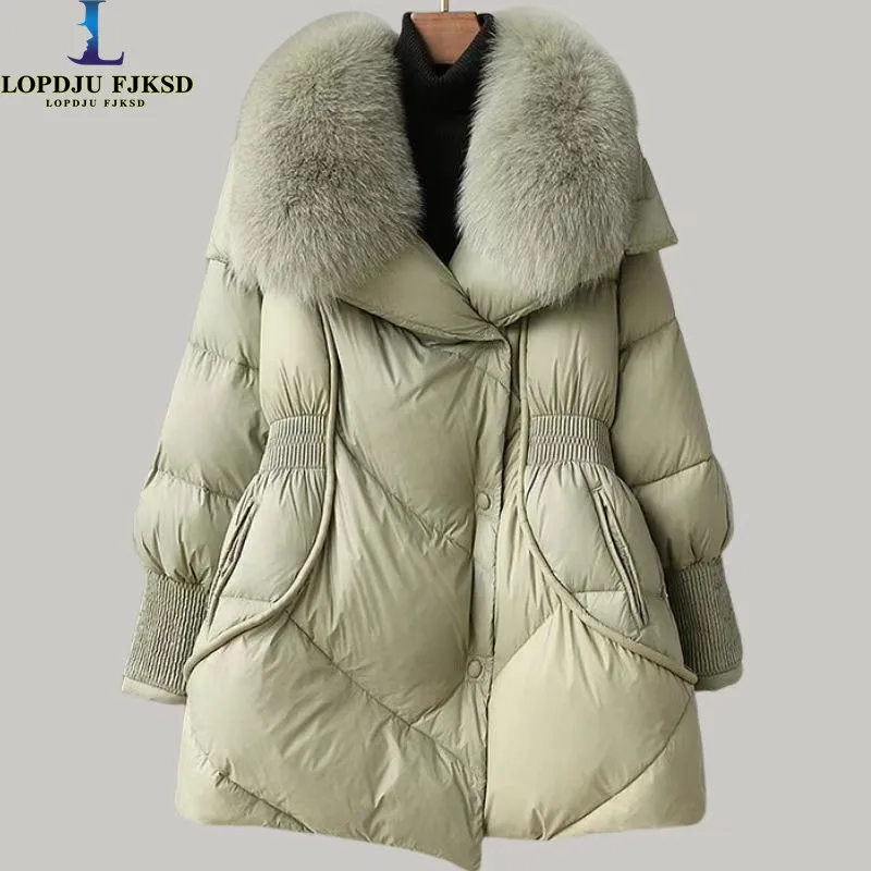 Single Breasted Coat for Women, White Goose Down Jacket,Fox Fur Collar Parkas, Thick Warm Clothing, Loose,Winter,New