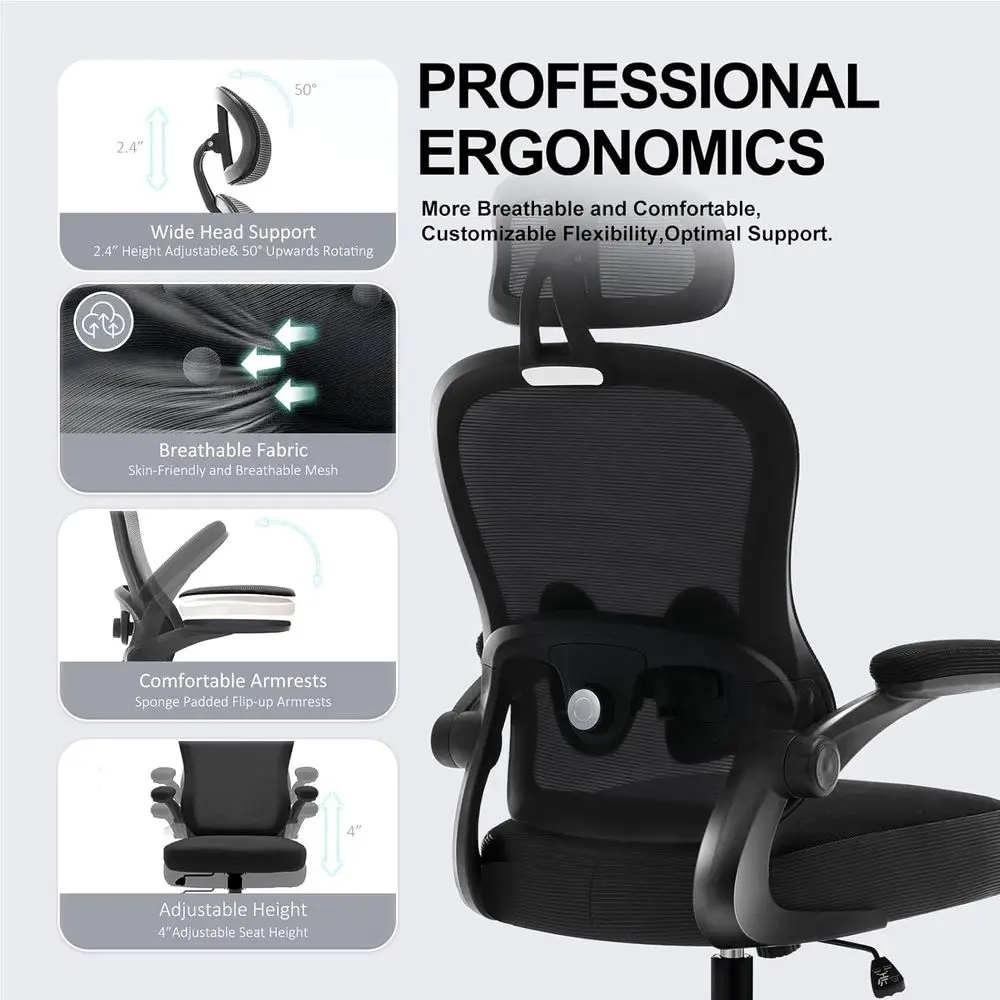 Ergonomic High-Density Office Chair with Adjustable Lumbar Support, Headrest, and Rocking Feature, Flip-Up Arms, Mesh Design for