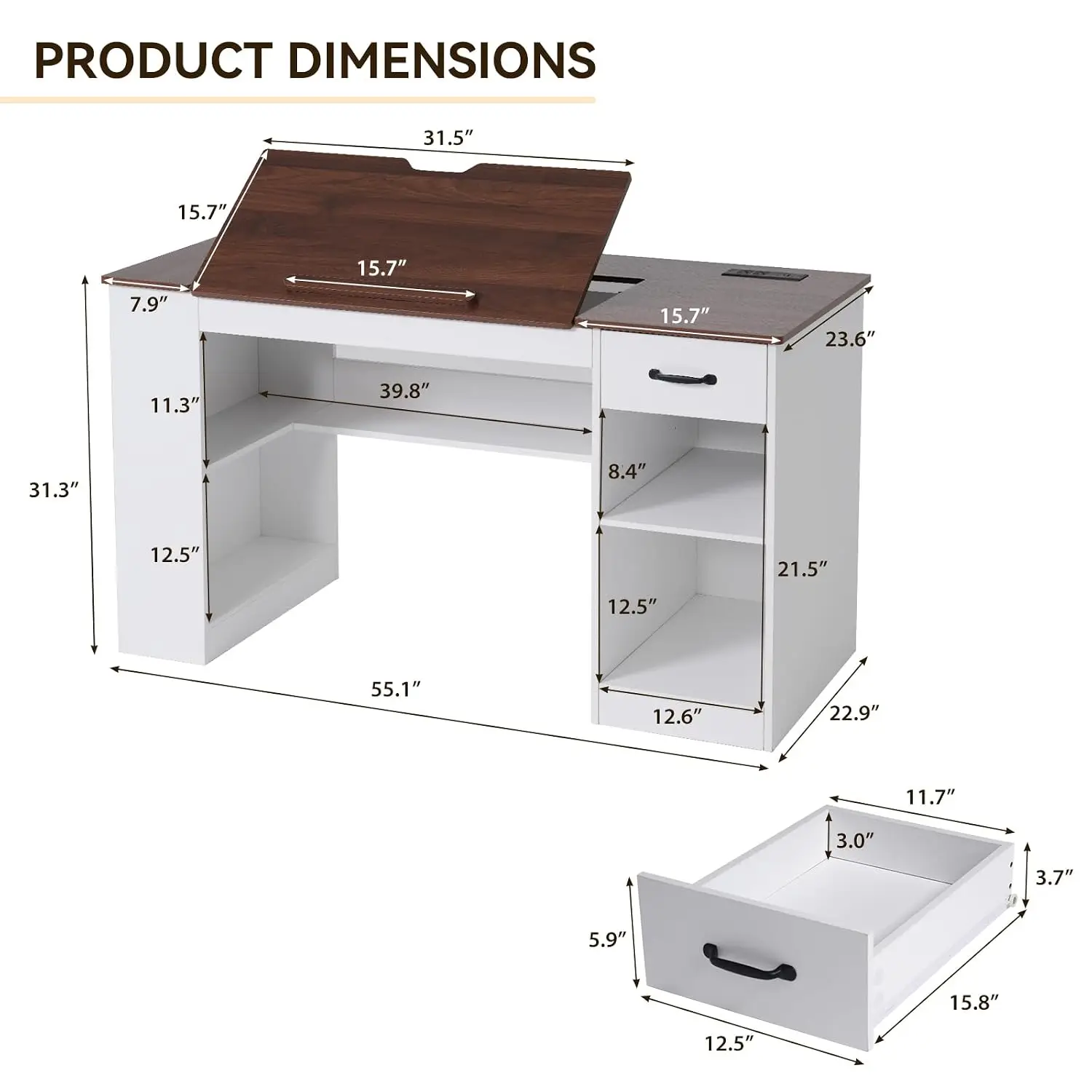 White Drafting Table Adjustable Drawing Desk Workstation 55.1