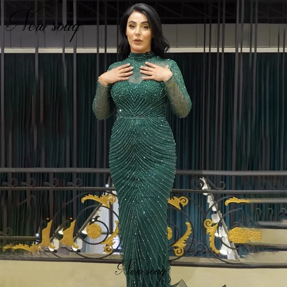 Modern Green Beaded Party Dress Handmade Crystals Women Evening Dresses Middle East Dubai Long Sleeves Red Carpet Runway Dress