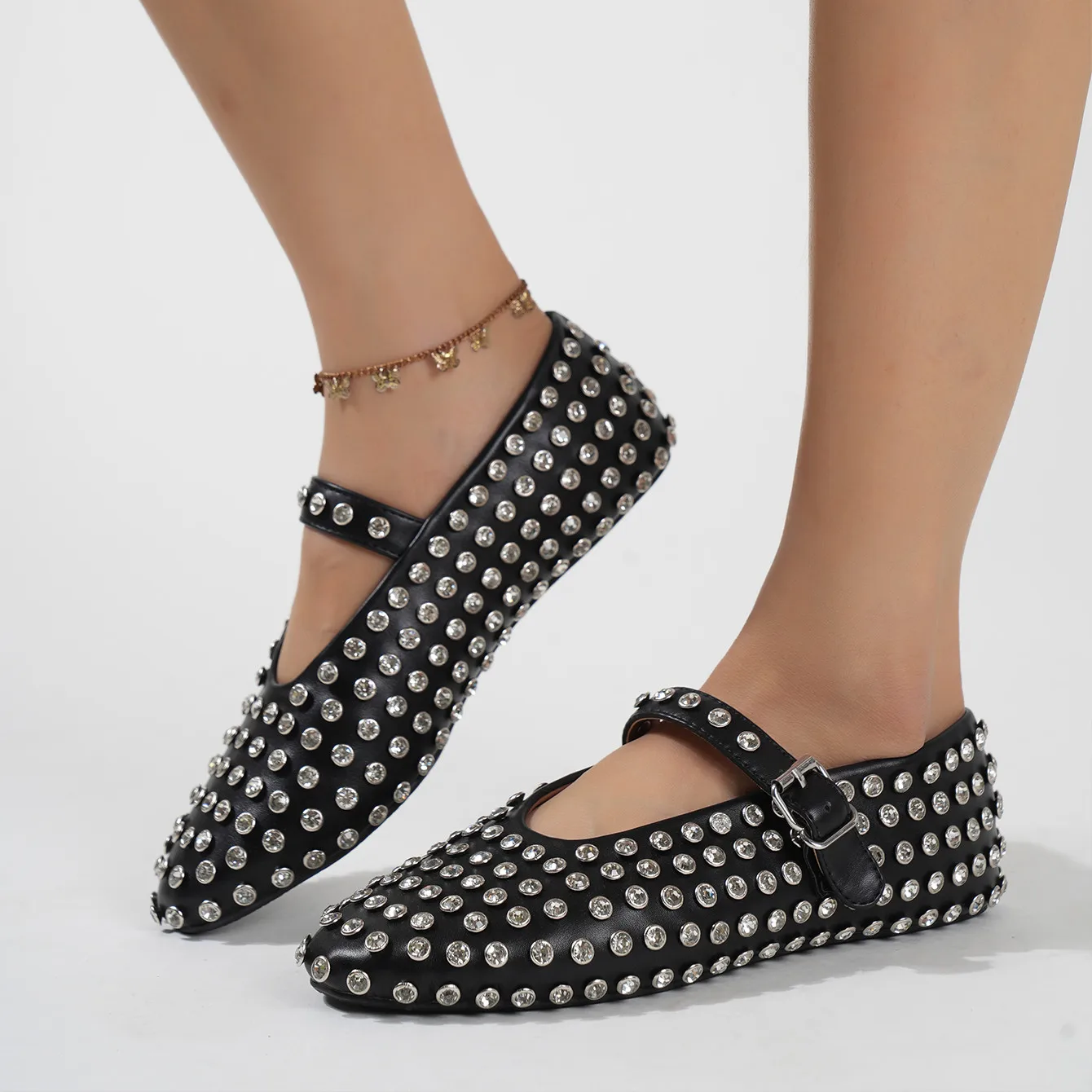 

Crystal Studded Ballet Flats Shoes For Woman Round Toe Buckle Mary Jane Casual Soft Letaher Low Heels Luxury Brand Ladies Shoes