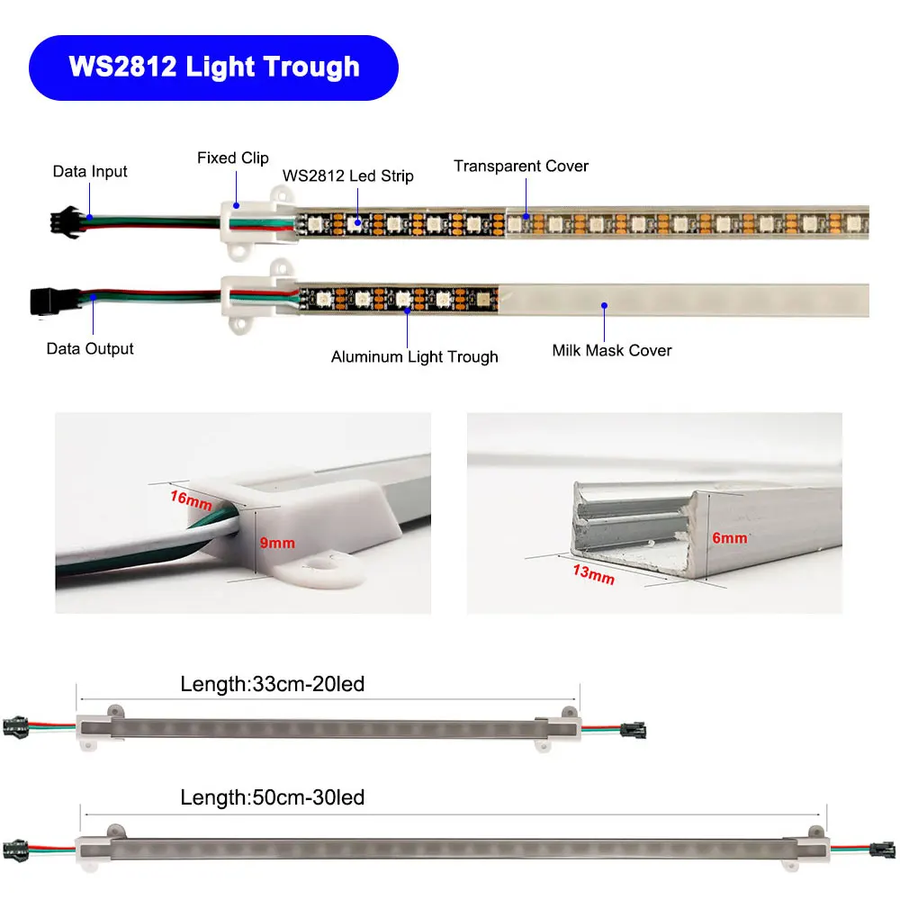 DC5V WS2812B Individually Addressable 5050 RGB Smart U Aluminum Rigid Bar Profile Strip 3PIN 33/50CM Cabinet Light  Decoration