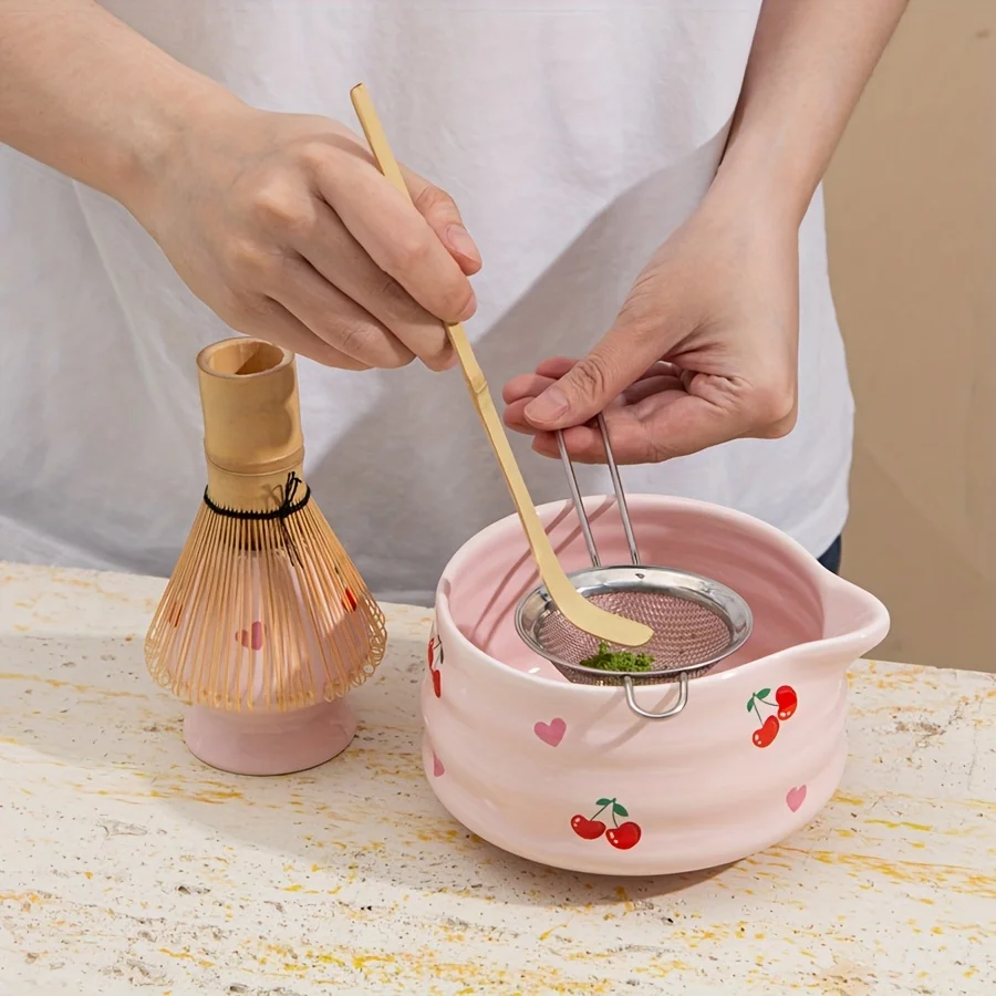

5pcs matcha blender set, cute pink heart and cherry matcha set, Japanese tea ceremony set, perfect gift for matcha lovers