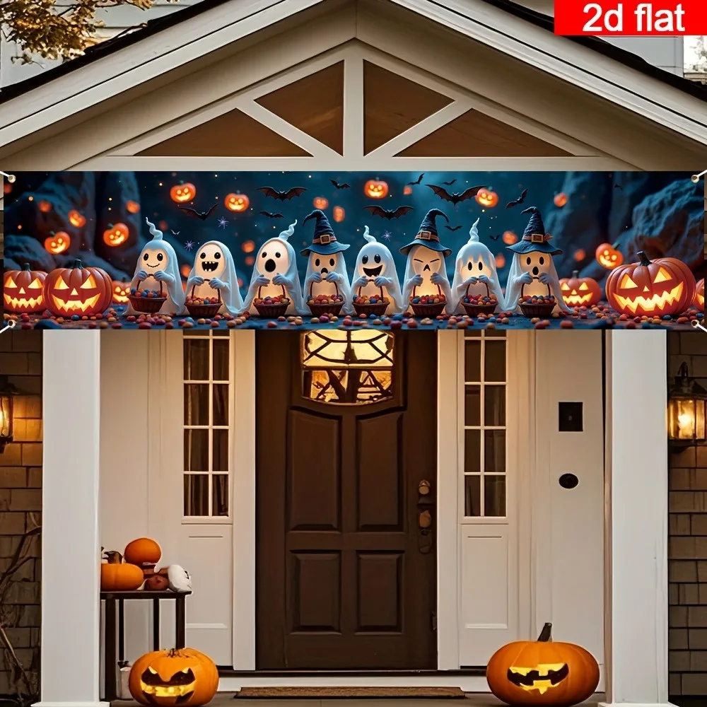 Fröhliches Halloween-Zaunbanner, Niedlicher Geister-Hexenhut, Süßigkeiten-Kürbislaterne, Fledermaus-Druck, Lange Hängeflagge für Garten und Außendekoration – Detail 7