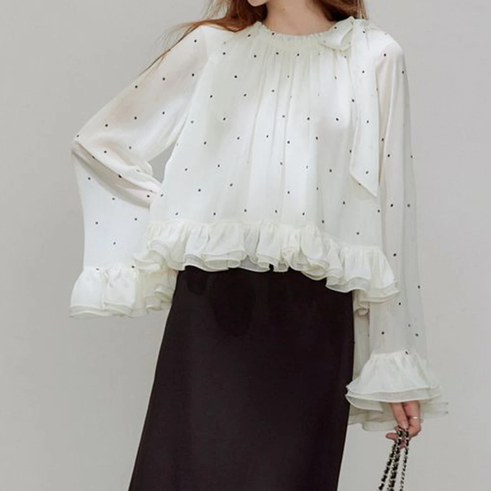 

2025 autumn new polka dot chiffon shirt women's lotus leaf edge design loose short top thin commuter shirt