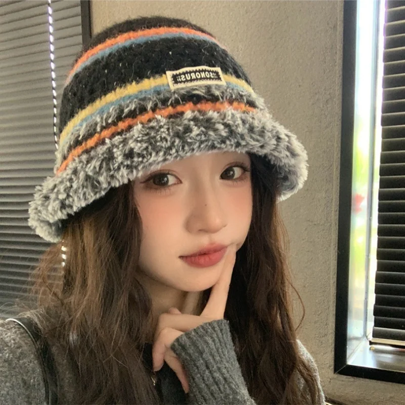 

Colourful Knitted Hat Women Korea Autumn Winter Warm Dopamine Warm Fisherman's Hat Thickened Bucket Hat Furry Outdoor