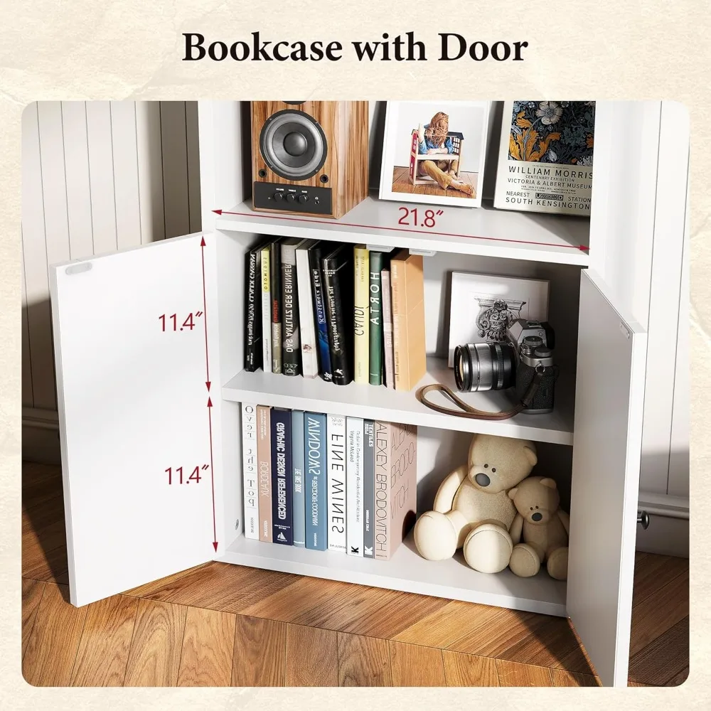 Rak Buku Kayu Tinggi 6 Tingkat dengan Pintu Kabinet, Penyimpanan Berdiri untuk Buku dan Perlengkapan Kantor