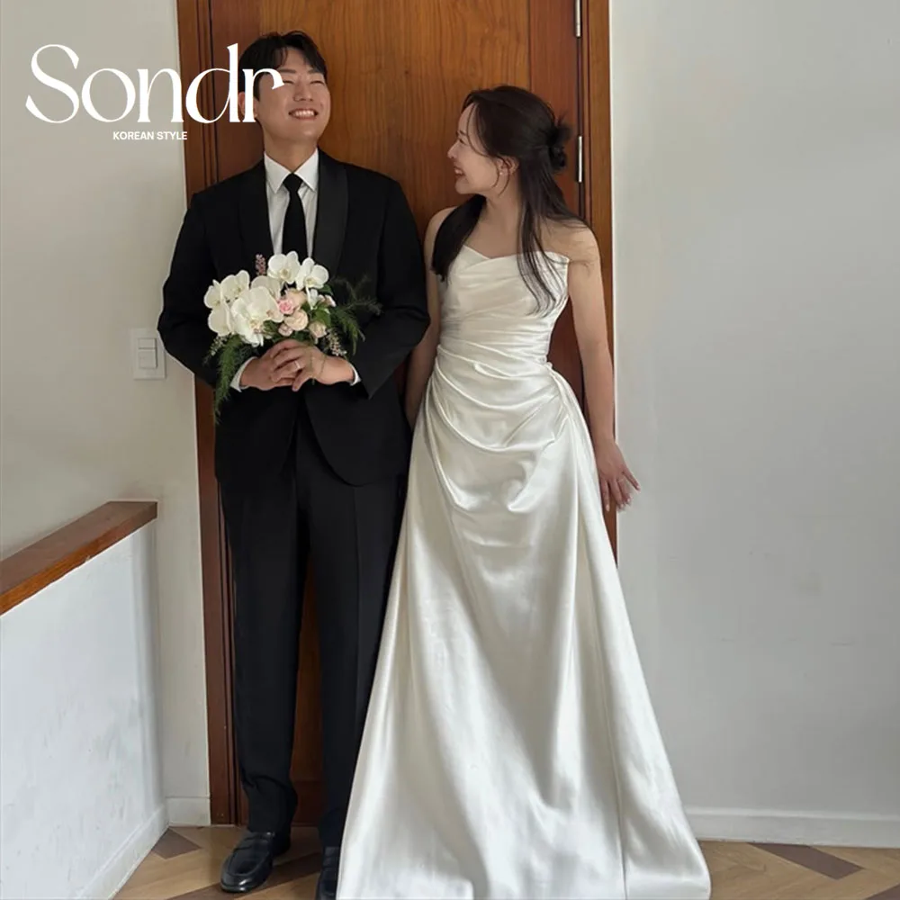 Sondr Simple Satin Korean Wedding Dresses Customized Strapless A Line Corset Back Bridal Photo Shoot Gown for Self-Wedding