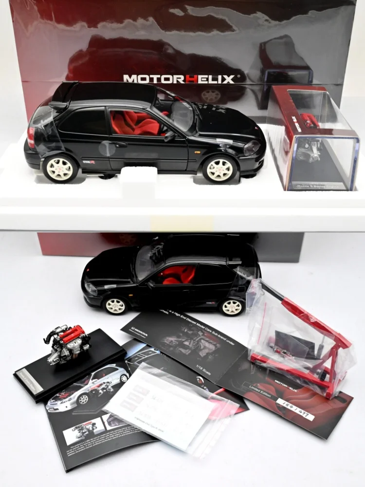 Civic Type R EK9 Modèle de voiture en alliage entièrement ouvert avec moteur, laissée 1:18, alliage JDM noir, simulation, édition limitée, cadeau jouet