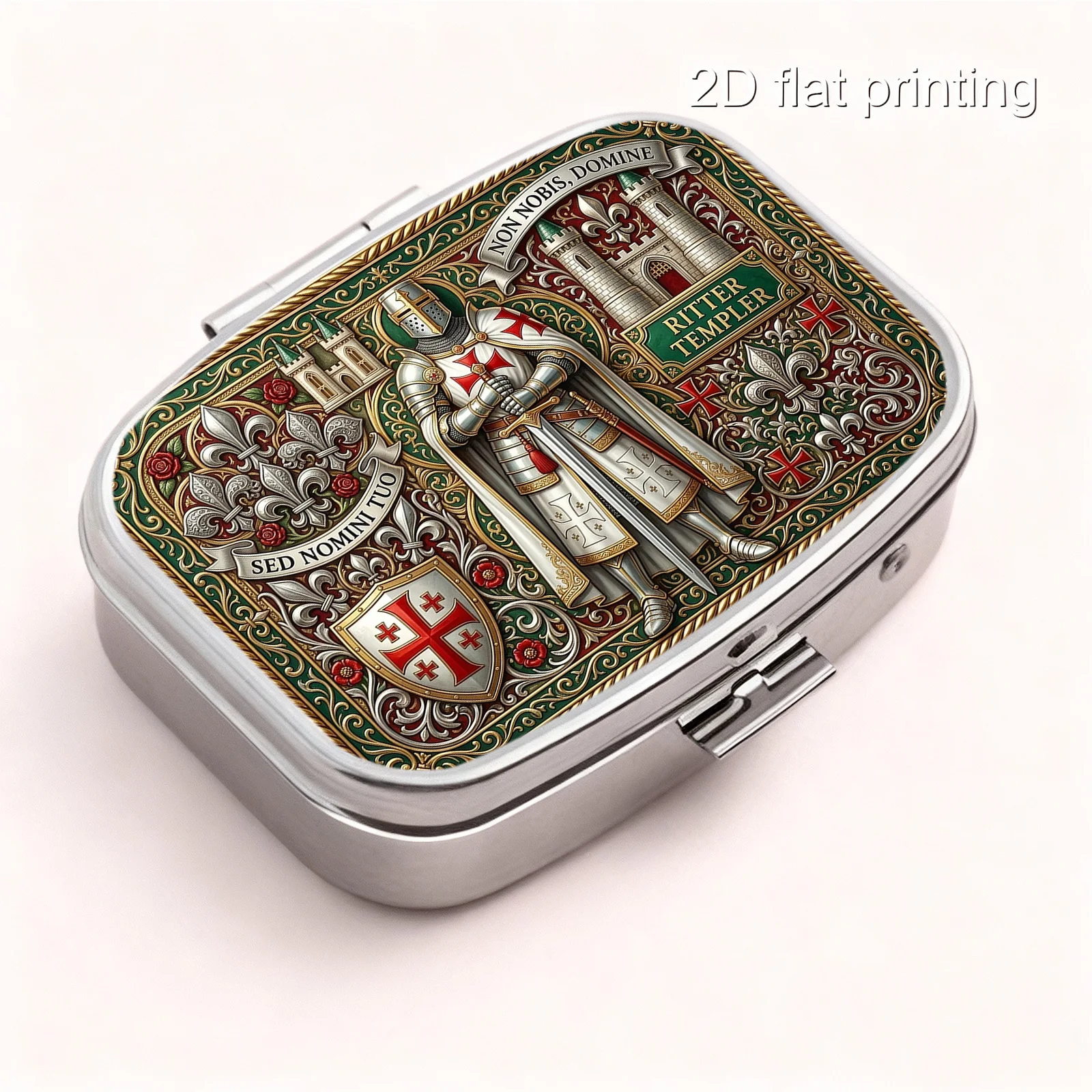 1pc flat printing pill box, with Templar cross emblem pattern, medieval retro badge style - portable metal material - suitable for business trips - lightweight and convenient - suitable for various occasions - square two-compartment storage - small pill box - personal safety box, suitable for all seasons, personal medication organizer
