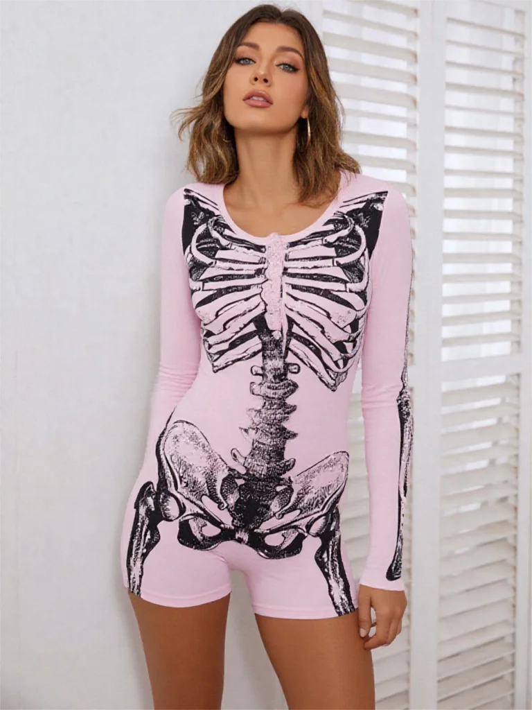 

Goth Dark Skull Bone Print Anime Long Sleeve Skinny Playsuits Mall Gothic Button Up Rompers Halloween Cosplay Women Techwear Y2K