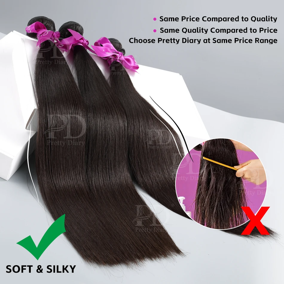 Pretty Diary 30 36 inci ekstensi rambut manusia lurus tulang Brasil 3 4 bundel grosir pakan ganda Remy Virgin mentah