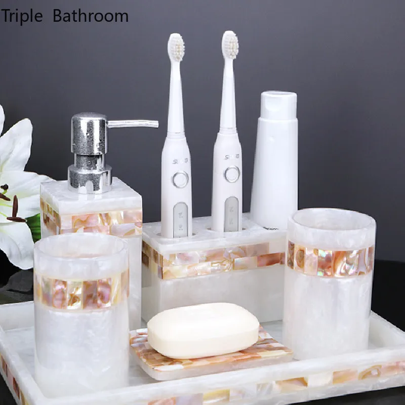 

Four-piece Set Shell Resin Bath Lotion Bottle Tooth Mug Restroom Toothbrush Tools Soap Dish Tissue Box Household Accessories