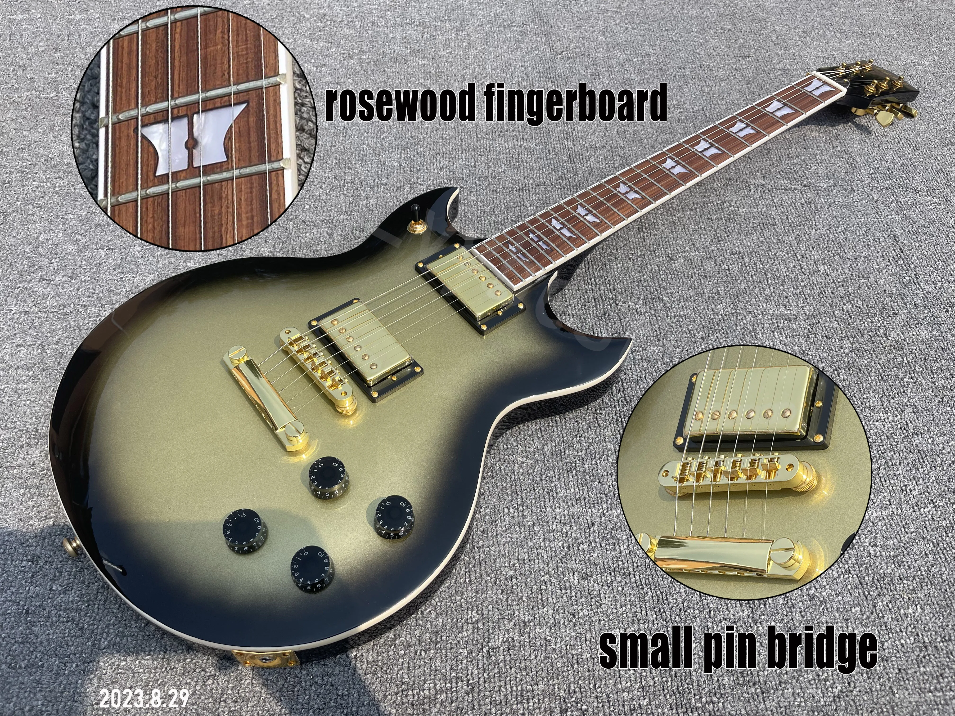 Electric Guitar Silver Center Black Edge Burst Gold Parts HH Pickups No Pickguard TOM Bridge And Stop Tail Rosewood Fingerboard