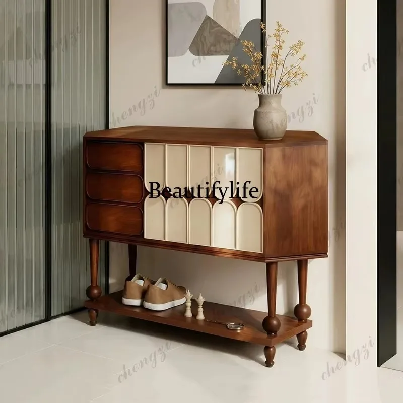 

F181 Medieval solid wood color matching, entrance cabinet, living room decoration integrated against the wall, side cabinet waln