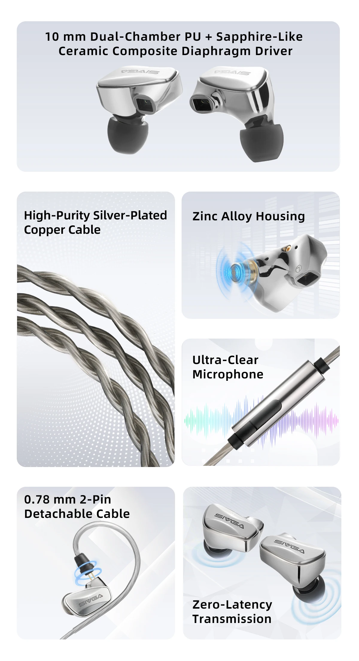 SIVGA SM100 10-mm-In-Ear-Kopfhörer mit dynamischem Dual-Chamber-Treiber, kabelgebunden, 0,78 mm, 2-poliges, abnehmbares Kabel mit Mikrofon für Musik/Gaming – Detail 2