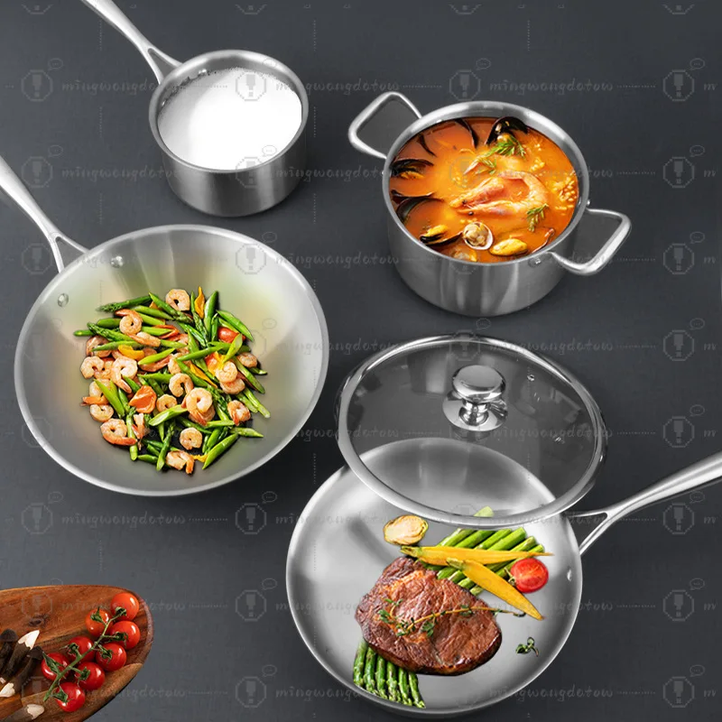 Household Titanium Cookware Set, Uncoated Wok Skillet Milk Soup Pot Compatible with Induction Cooker Gas Stove