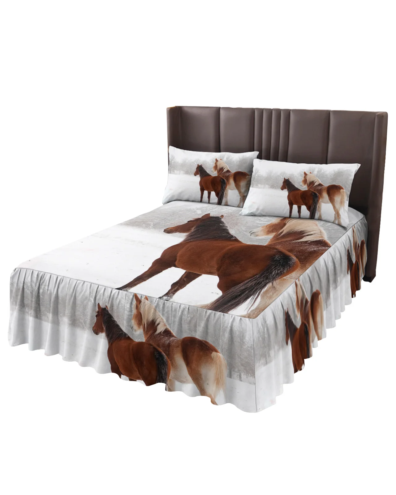 Horse Snow Scene Animal Bed Skirt Elastic Fitted Bedspread With Pillowcases Bed Protector Mattress Cover Bedding Set Bed Sheet