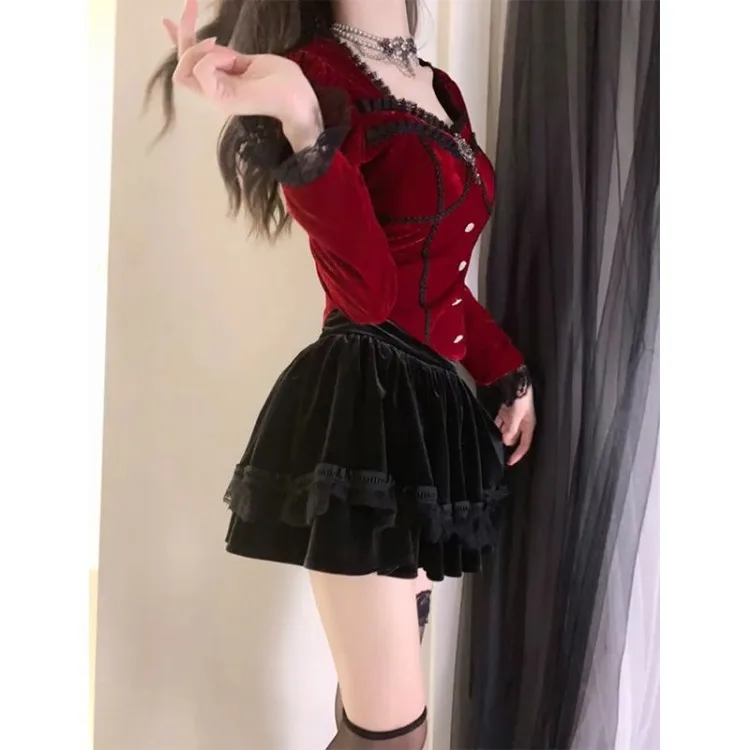 Sweet Red Velvet Long Sleeved Slim Fit Tops Women+ High Waist Lace Patchwork Ruched Skirts Autumn Winter New Two Piece Sets