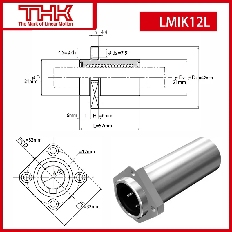 Original New THK linear bushing with Square Flange LMIK LMIK12L LMIK12LUU linear bearing