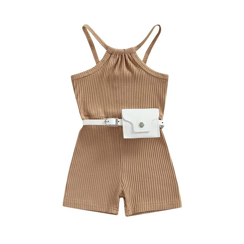 

0-4Y Fashion Kid Baby Girl Summer Romper Girl Overalls Solid Color Ribbed Sleeveless Sling Shorts Jumpsuit with Belt Bag