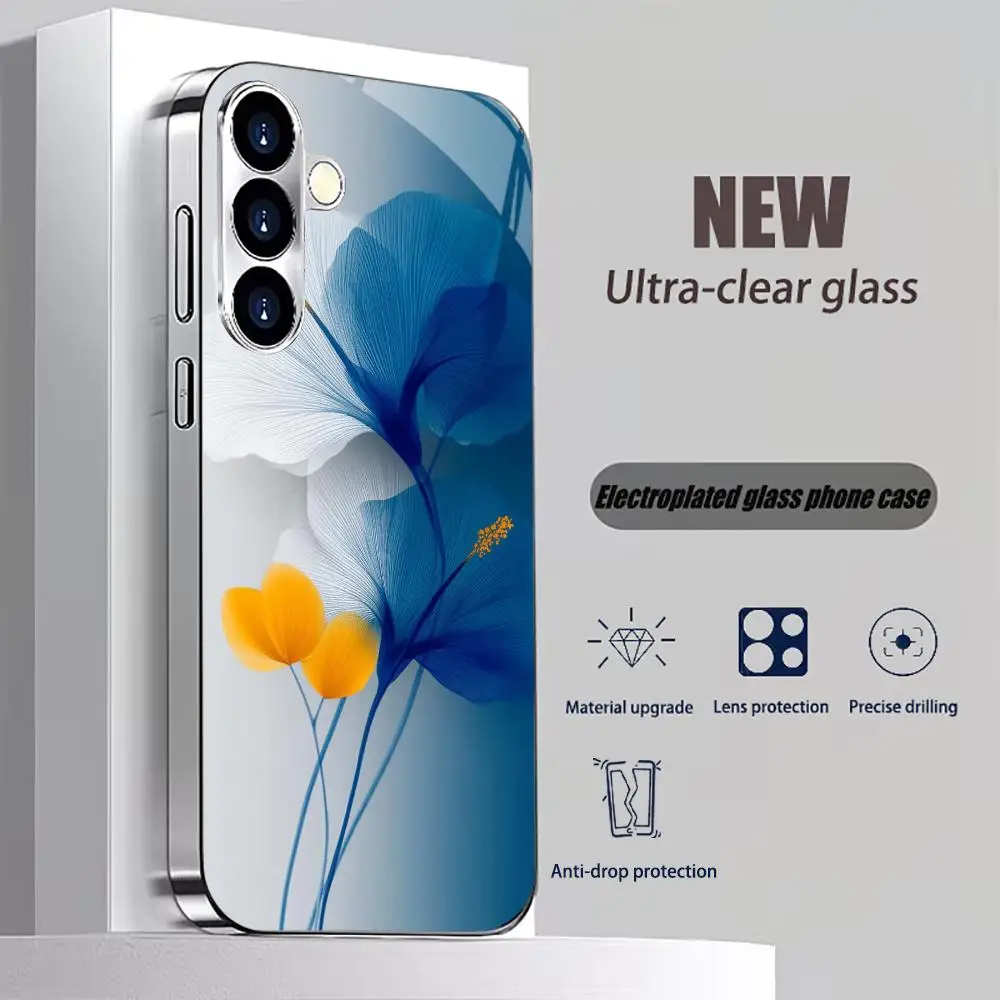 Ink flower style glass phone case suitable for Samsung Galaxy S26 S25 S24 S23 S22 S20 FE/Ultra/Plus anti drop back cover