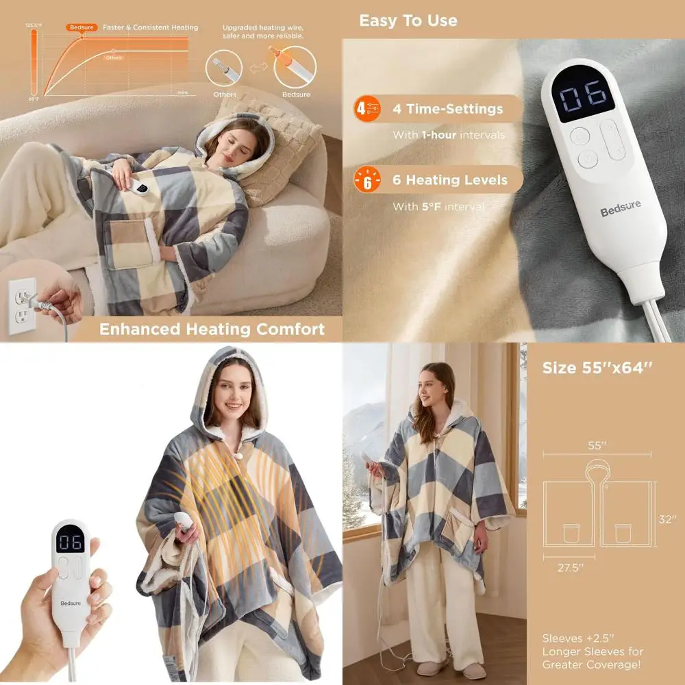 

Electric Sherpa Hoodie Blanket for Women - Warm Winter Shawl Gift, Auto Off, 55x64 Beige Plaid