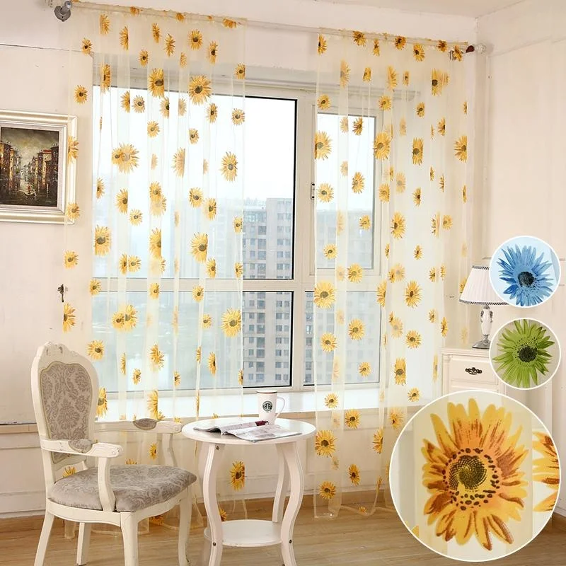 

1pc Ventilated Breathable Modern Tulle Voile Curtains,Sunflower Window Sheer Curtains,Transparent Living Room Curtains