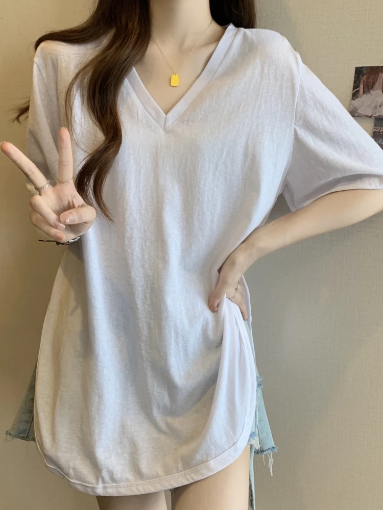 Slimming V-Neck Short Sleeve T-Shirt Women's Summer Fashion plus Size Base Shirt Cover Belly Asymmetrical Korean Style Top