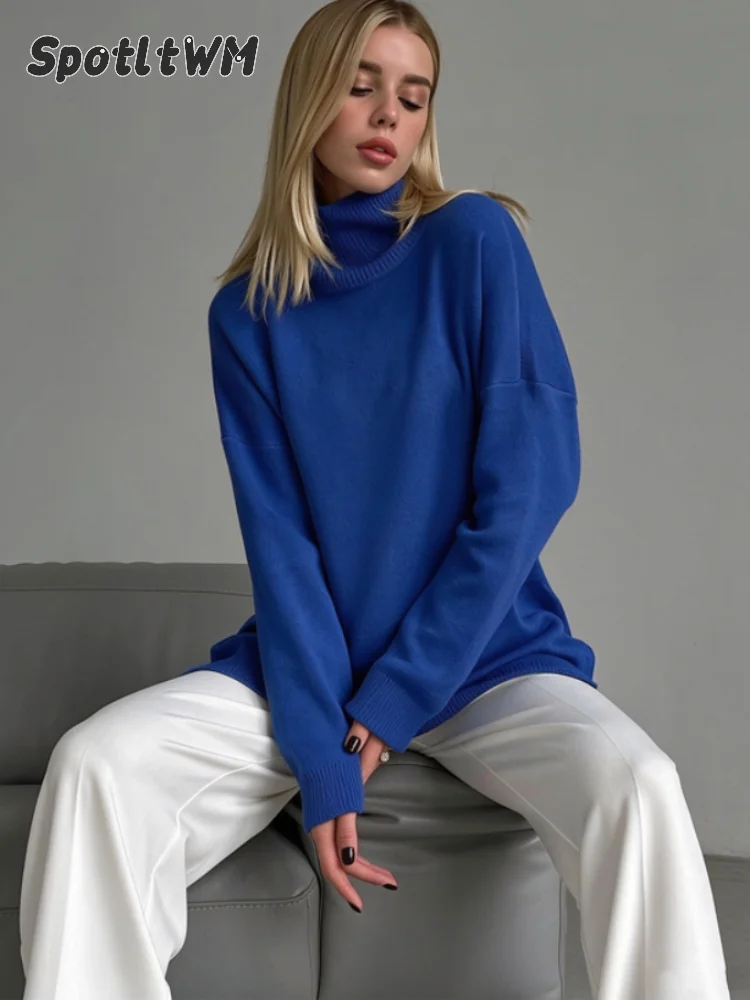 Women Oversized Turtleneck Knit Sweater Women Soft Loose Drop Shoulder Long Sleeve Side Slit Casual Fall Winter Street Knit Top