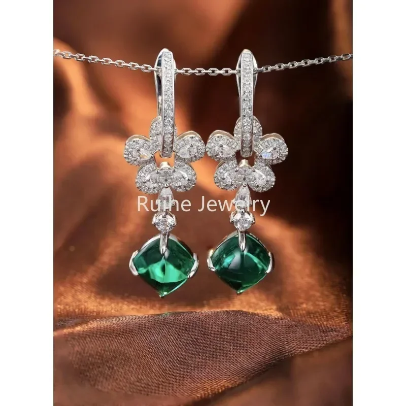 

Ruihe New Top 925 Silver Lab Grown Emerald Sugarloaf with White Simulated Diamond Zirconia Elegant Earrings for Women Jewelry