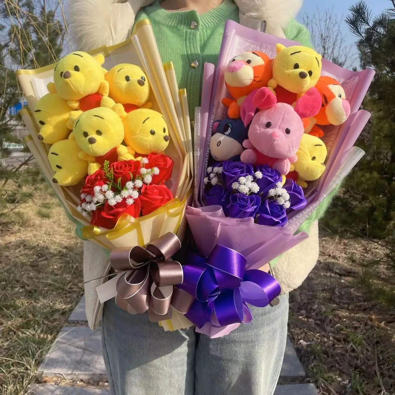 Disney Cartoon Winnie the Pool Eeyore Bouquet Gift Box Stuffed Animals Flower Bouquet Home Decoration Valentine Christmas Gifts