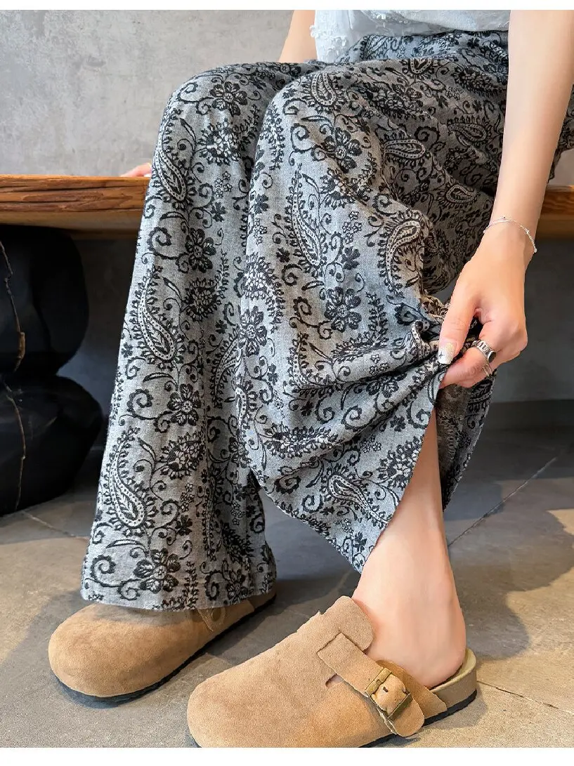 Cotton and Linen Jacquard Wide-Leg Pants, 2025 Summer Women's Linen Trousers, Lazy Style Cropped Pants