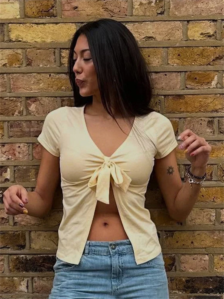 

Tossy Summer Lace-Up V-Neck T-Shirts For Women Short Sleeve Patchwork Commute Sexy Commute Cropped Top Female Bandage Tee Vest