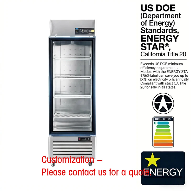 custom.Reach-in Glass Single Door Cooling Freezer Cabinet Automatic Defrost 4 Shelves Stainless Steel 220-240V USA Compliant