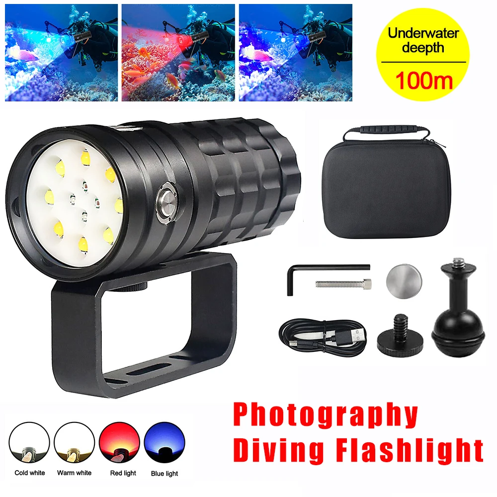 

25000LM Super Bright Scuba Diving Flashlight IPX8 Underwater 100M Snorkeling Dive Torch Multi-color Camera Video Fill Light