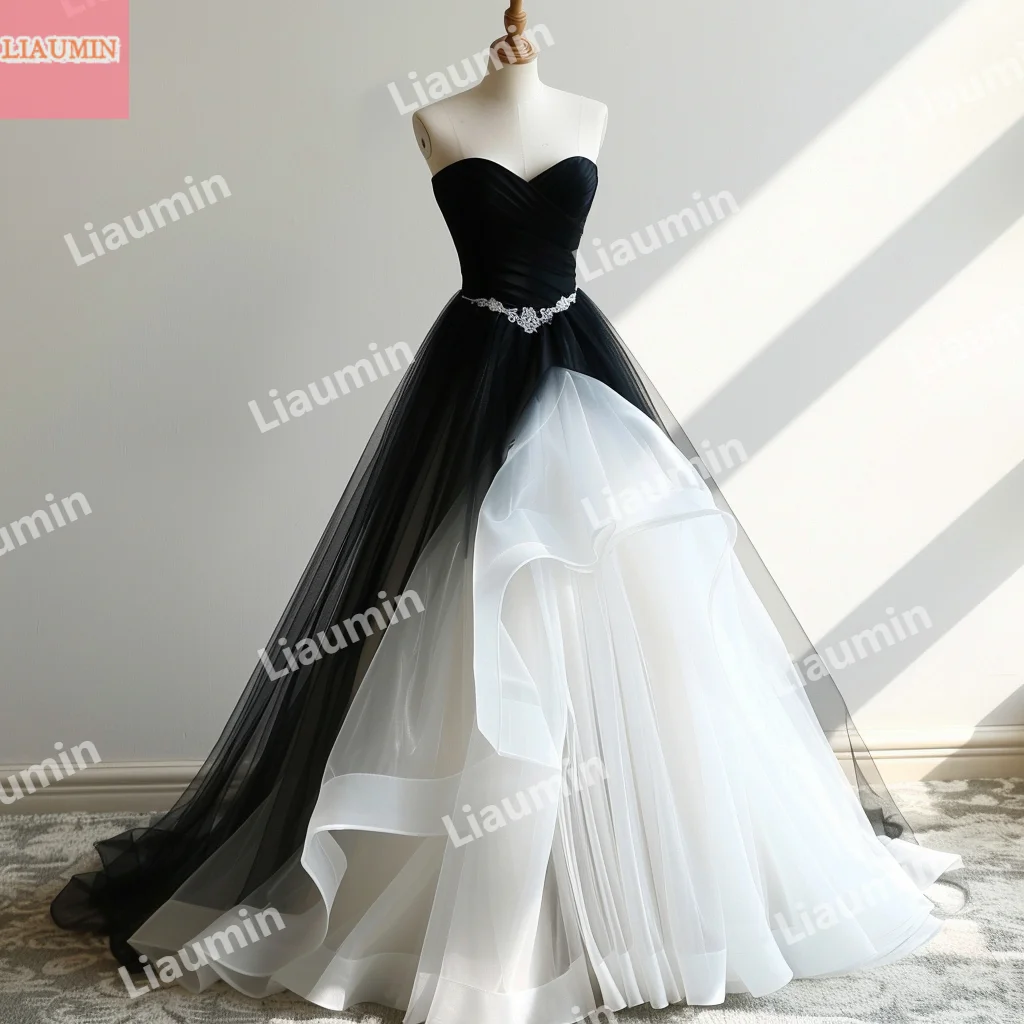 Custom Made Simples Branco e Preto Tulle Prom Dress, Até o chão, Vestidos de noite sem alças, Roupas Formais Impressionante, W15-47.13