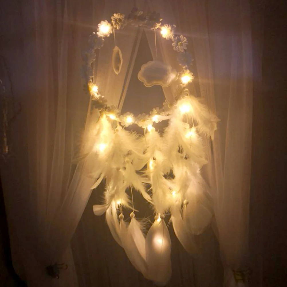 

Elegant Cloud Pendant Dreamcatcher With Light White Feathers Bells Unique Home Decoration Gift For Friends And Family