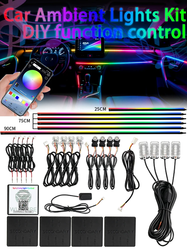 18w1 Kolorowe Światła Ambientowe do Samochodu RGB 64 Kolory Uniwersalne LED Wewnętrzne Ukryte Akrylowe Listwy Atmosferyczne Symfoniczne — 2