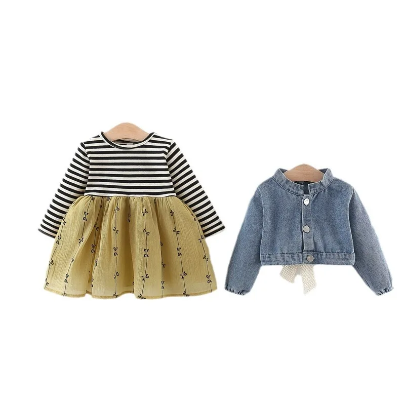 Baby Princess Dress Child Girl Autumn Suit Girl Jeans Coat + Mesh Stripe Print Dresses Two Piece Toddler Infant Clothes Set image 6