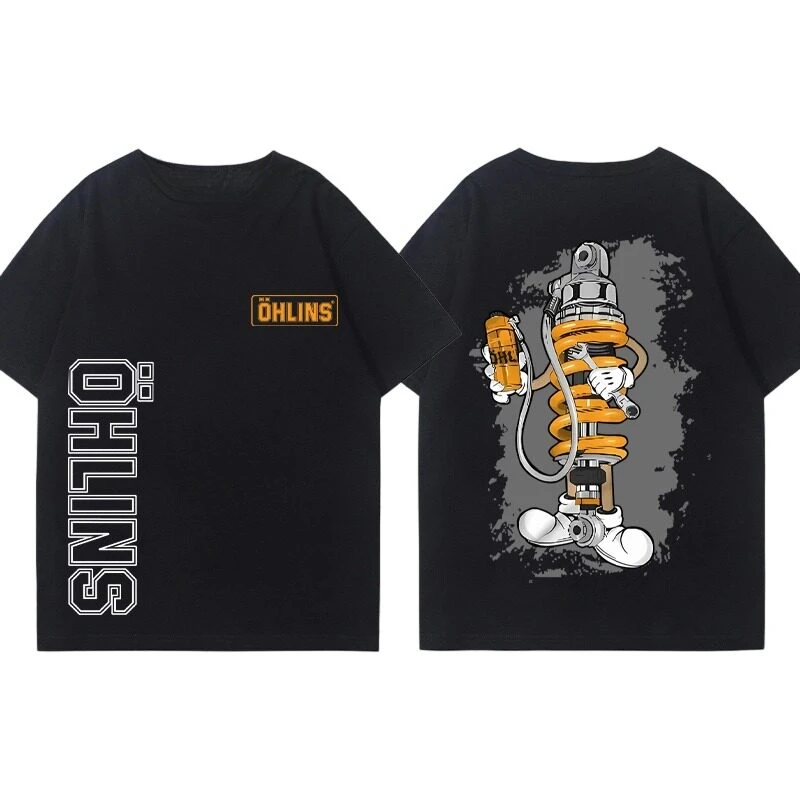 Y2k OHLINS Motorcycle Shock Absorber Modified Cotton Short-sleeved T-shirt for Male Motorcycle Enthusiasts Club view 3