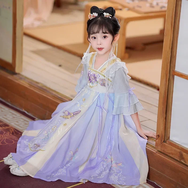 전통 어린이 요정 의상 소녀 핑크 꽃 자수 Hanfu 드레스 중국 스타일 사진 코스프레 당나라 정장