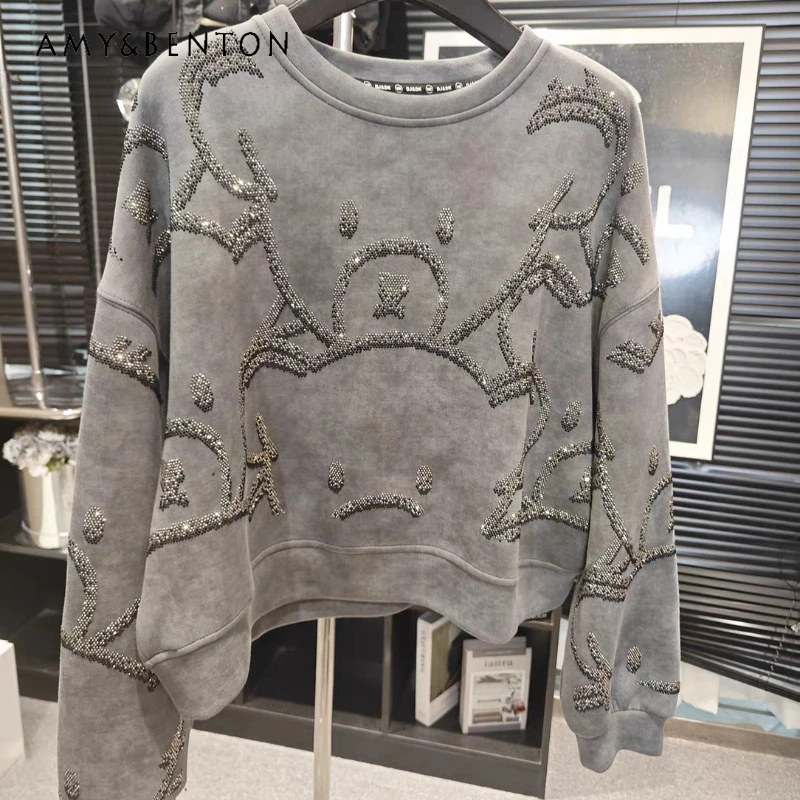 

Autumn Winter Heavy Industry Cartoon Rhinestone Fleece Sweatshirt Ladies Loose Casual Long-sleeves O-neck Top Jacket Sudaderas