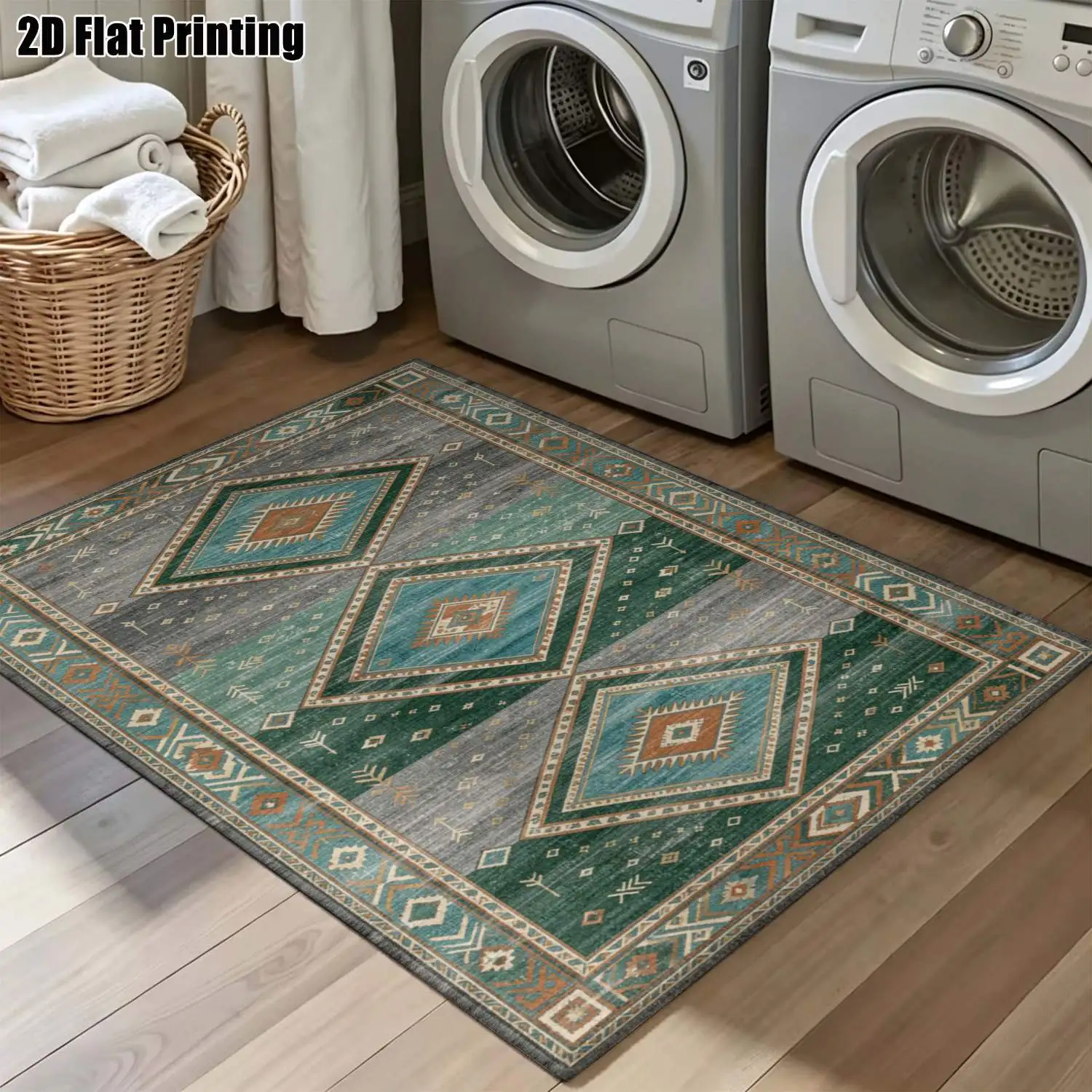 1Pc 2D Printed Retro Geometric Pattern Carpet, Dark Green & Blue-Grey Machine-Washable, Multi-Size, Home Decor Mat for Entrance, Dining, Foyer, Study, Living, Bedroom