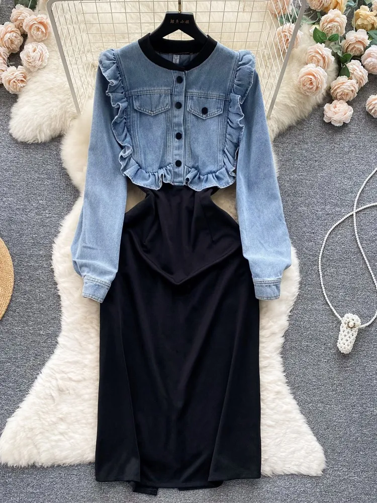 Lusumily Vintage Denim Dress Patchwork Design A-line Jean Dress Woman Elegant Lapel Long Sleeves Female Holiday Vestidos Rober