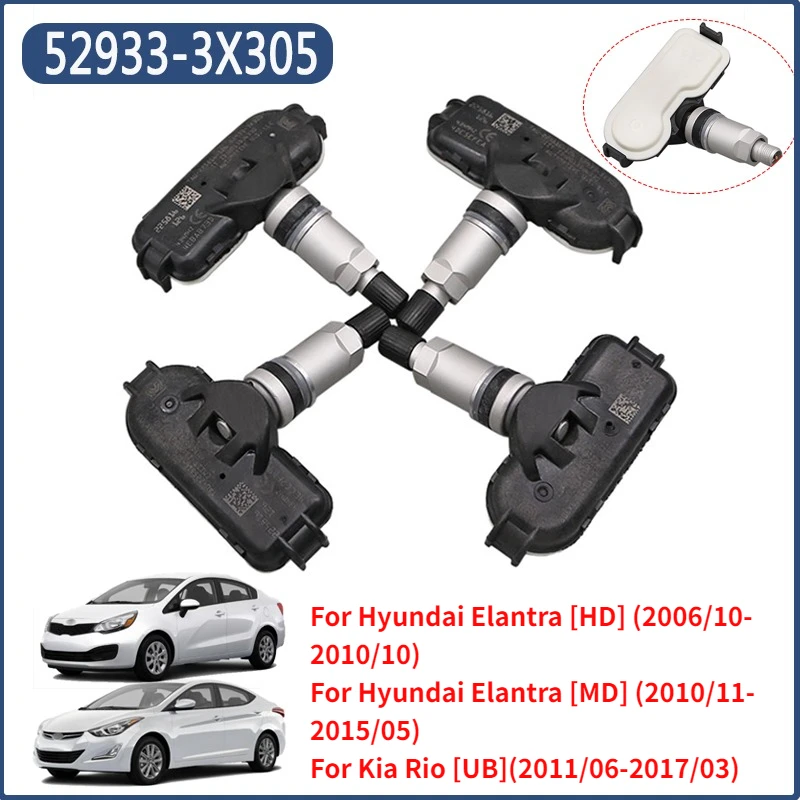 4 Stück/Lot TPMS 52933-3X305 für 2006-2015 Hyundai Elantra 2011-2017 Kia Rio Cerato Reifendruckkontrollsystem Sensor 52933-3X306